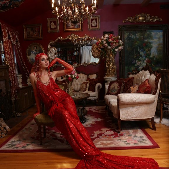 SAMPLE GOWN ONLY- LADY ELEANOR Custom Order Red Gatsby Wedding Gown - Picture 7 of 15